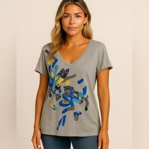 DKNY JEANS Shirt Tee V-Neck Short Sleeve Sequined Rolled Raw Edge Size Large